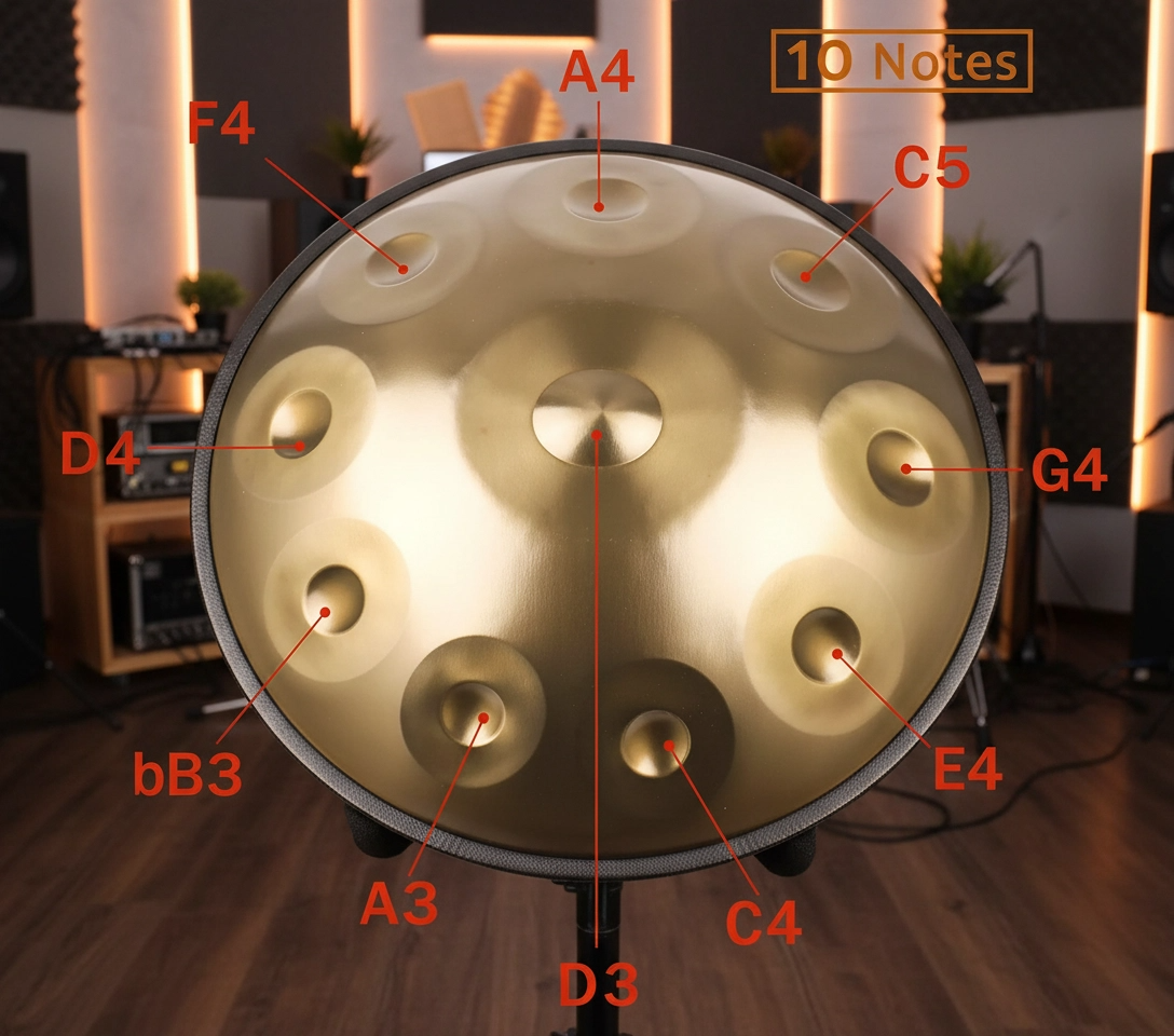 22-Inch D Minor Gold Handpan Steel Drum, 9 Notes, 10 Notes, 12 Notes, 14 Notes, 440Hz Professional Tuning, with Bag, Mallets & Cleaning Cloth