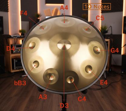 22-Inch D Minor Gold Handpan Steel Drum, 9 Notes, 10 Notes, 12 Notes, 14 Notes, 440Hz Professional Tuning, with Bag, Mallets & Cleaning Cloth